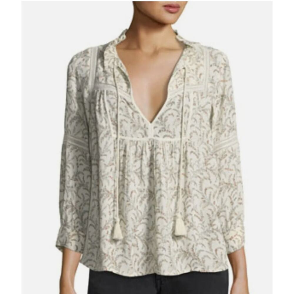 ba&sh Emma Floral Boho Peasant Blouse w/ Tassel Ties Size 2/ US 8